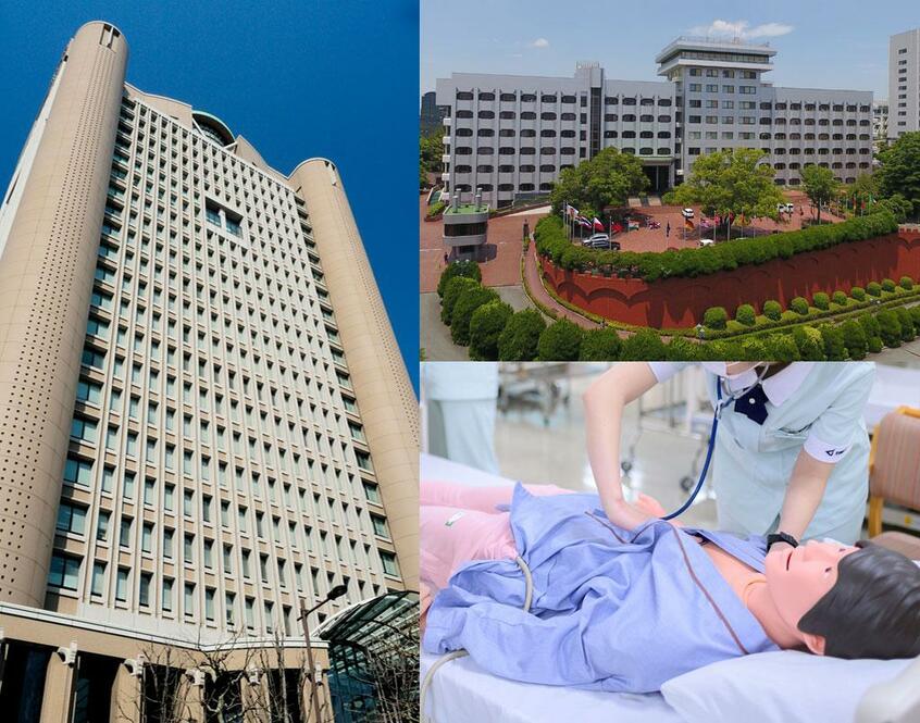明治大のリバティタワー(左)、崇城大のキャンパス(右上)、杏林大の演習の様子 (各大学提供)