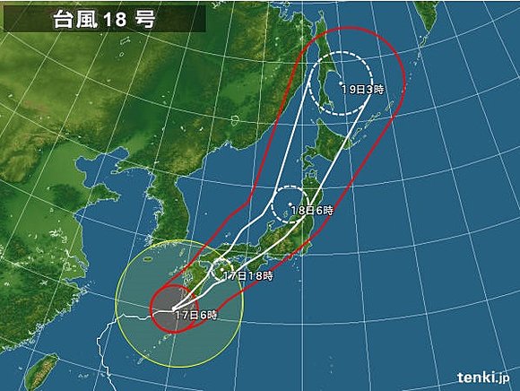 台風18号予想進路図