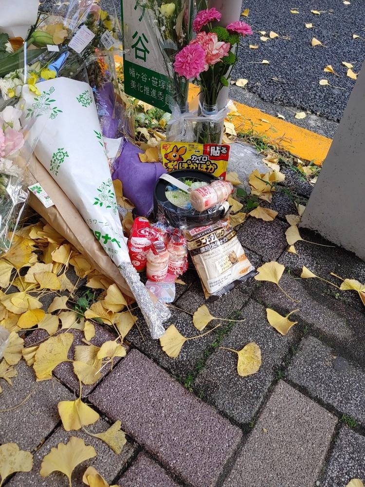 事件後、花が手向けられた現場のバス停。大林さんの知り合いだった記事中の女性も、菓子パンや乳酸菌飲料などを供えた（写真／女性提供）
