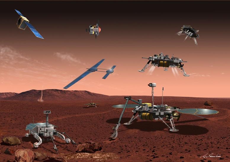 探査機や衛星などによる火星の無人探査想像図。収集した情報を足がかりに、有人探査へと移行する（写真：ＪＡＸＡ／池下章裕氏提供）