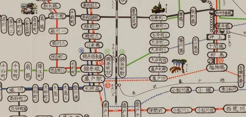 昭和39年4月の路線図。錦糸町界隈（資料提供／東京都交通局）