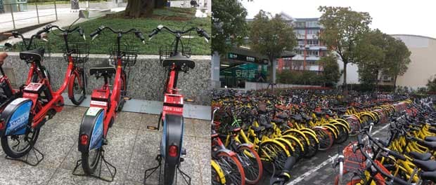 左が東京のシェアサイクル、右は上海のシェアサイクルの様子（写真：筆者提供）
