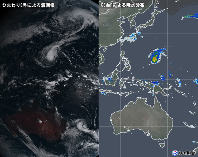 2019年台風2号：ひまわり8号による雲（左）とGSMaPによる雨（右）のようす（2019年2月24日9時）