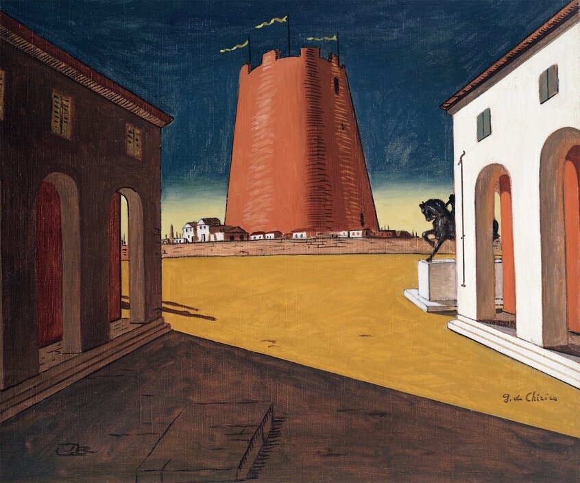 ジョル来 日 作 品 ジョ・デ・キリコ《バラ色の塔のあるイタリア広場》/1934年頃 油彩/カンヴァス 46.5×55cm/トレント・エ・ロヴェレート近現代美術館蔵(L.F.コレクションより長期貸与)/イタリア/(c)Archivio Fotografico e M ediateca Mart (c)Giorgio de Chirico, by SIAE 2024