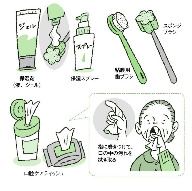 要介護高齢者向けの口腔ケアグッズ（イラスト／タカヤマチグサ）