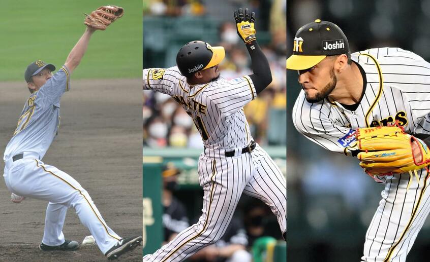 左からドラフト2位の伊藤将司、今季好調のマルテ、スアレス (c)朝日新聞社