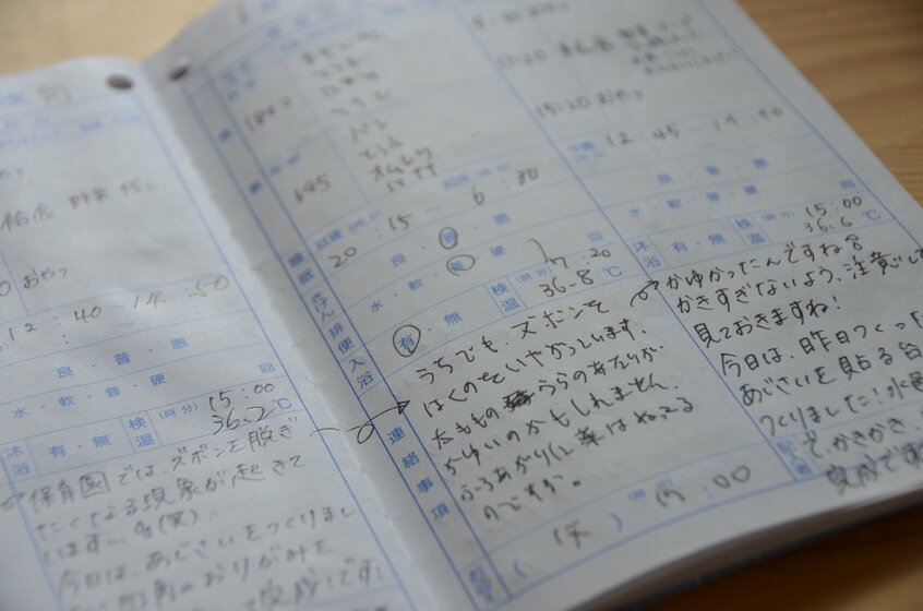 見えづらい育児タスクの一つ「保育園の連絡帳記入」は面倒だが、保育士さんとのやり取りが楽しみでもある。今や貴重な成長記録に(写真:本人提供)