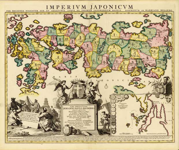 銅刻　日本六十六州図オランダ・ユトレヒトの東洋学者、ハドリアン・レランド（１６７６～１７１８）が描いた日本地図。城下町が描かれ、交易窓口の長崎の地図もある。１７２０年ごろの作（写真：国土地理院提供＜ｗｗｗ.ｇｓｉ.ｇｏ.ｊｐ＞）