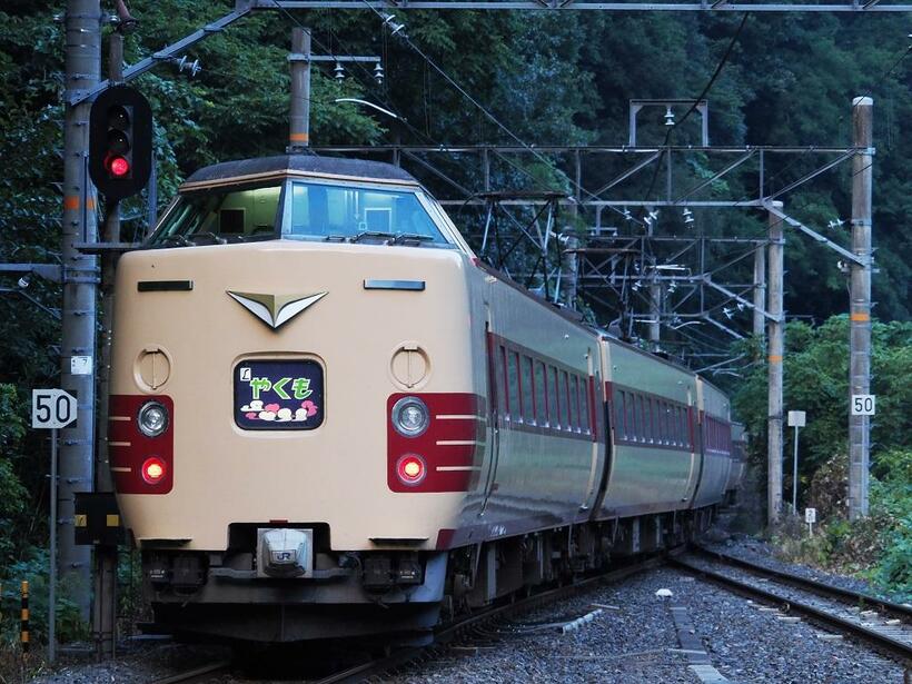 伯備線方谷駅を通過する特急「やくも」。国鉄特急色（クリームと赤のツートンカラー）の車体。写真＝櫻井 寛（鉄道写真家）