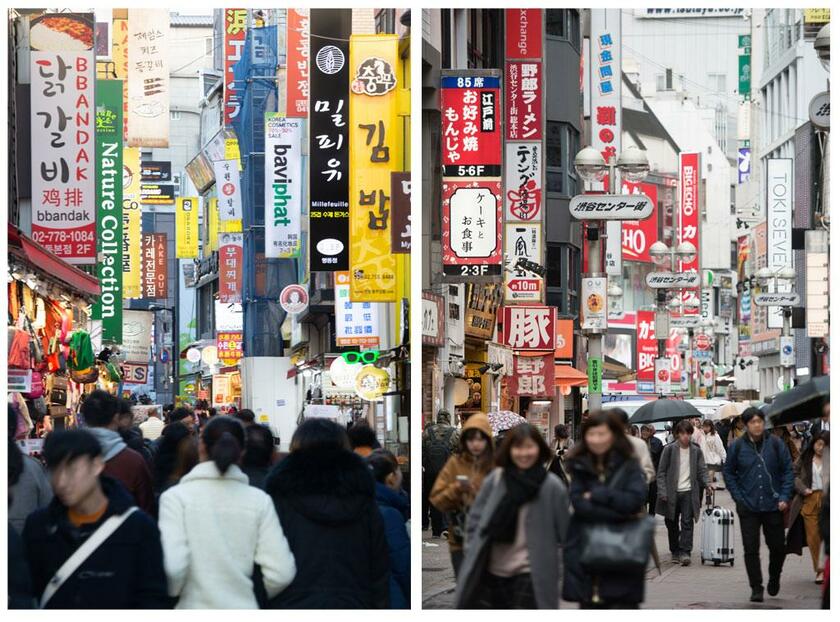 ソウル・明洞エリア（左）と東京・渋谷のセンター街。一枚につなげると、看板のハングルがなければ違いが分からないほど、行き交う人々の様子も街の雰囲気も似ている［撮影／小山幸佑、崔承●（●字は「壽」の下に「れっか（部首）」）］