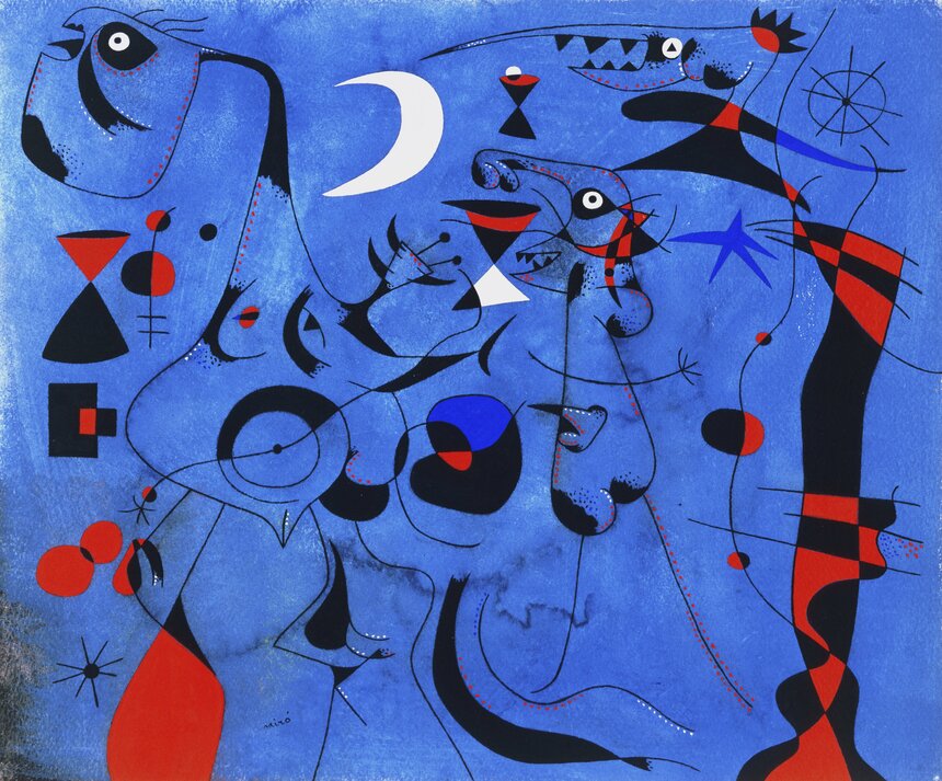 《カタツムリの燐光の跡に導かれた夜の人物たち》1940年、フィラデルフィア美術館、Philadelphia Museum of Art: The Louis E. Stern Collection, 1963-181-46　Successió Miró Archive　© Successió Miró / ADAGP, Paris & JASPAR, Tokyo, 2025 E5746