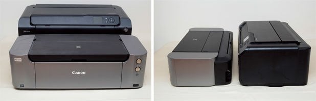 手前がA3ノビ対応のPIXUS PRO-100S、奥がPRO-1000。A2プリントを実現するためにかなりサイズが違うことがわかる。なお、一般向けA2単票紙対応のプリンターはキヤノンでは初となる
<br />