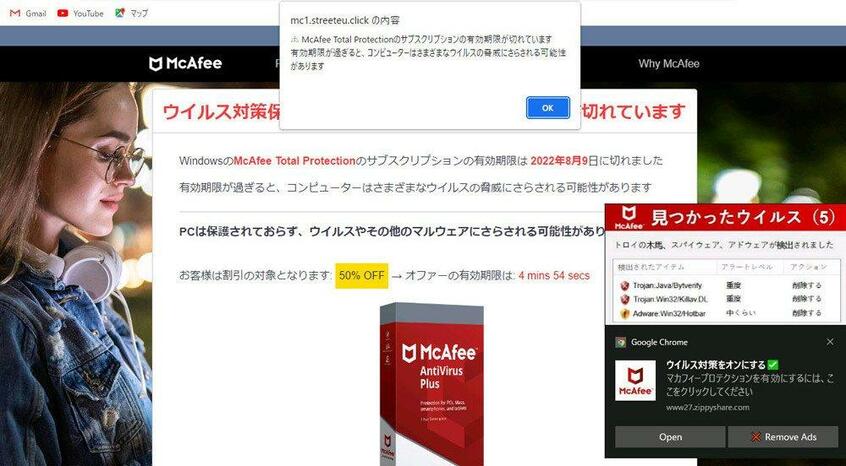 McAfee AntiVirusのニセページ。Windowsのサポート詐欺ほど(画面を操作させないなど)過激な手段をとってはこないものの、こちらも詐欺には違いない Photo by S.Y.