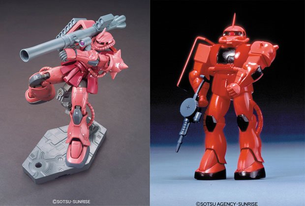 1980年に誕生した「1/144シャア専用ザク」300円(右)と2015年発売の「HG ORIGIN シャア専用ザクII」1700円(左、すべて税抜き)(c)創通・サンライズ
<br />