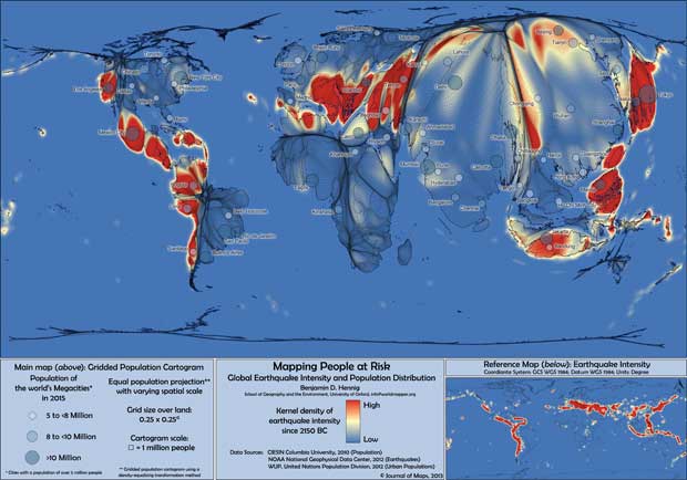 震災リスクが高い地域／過去の地震データに人口を重ね合わせ、地震被害の危険度で色分けした。最も危険な赤に日本列島の大部分が包まれている（地図提供：Ｂｅｎｊａｍｉｎ　Ｈｅｎｎｉｎｇ　http://www.viewsoftheworld.net/）