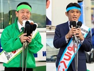 名護市長選に立候補した渡具知武豊候補（左）と岸本洋平候補