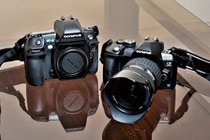 右が専用のハウジングとレンズポートが気に入り、水中をメーンに撮影しているオリンパスE-520IS。オリンパスE-5ISは、八ケ岳など山を撮っている。ほかにコンパクトのオリンパスTG-820を水中のサブカメラとして使用。またオリンパスのレンズが生かせるため、最近オリンパスOM-Dも購入したという