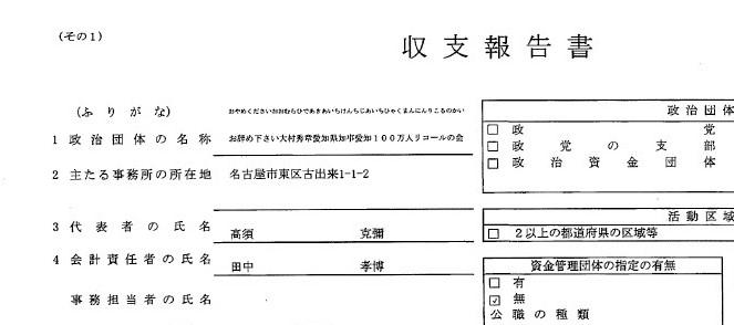 高須克弥氏が代表を務めるリコール署名事務局の収支報告書