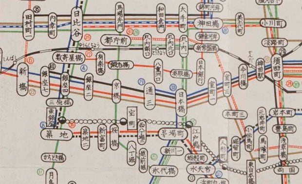 撮影当時の銀座界隈路線図。銀座１系統は、まさに花形路線だった（資料提供／東京都交通局）