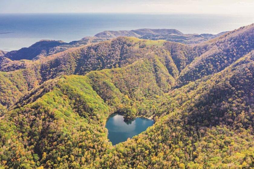 日高山脈の最南端、太平洋に面したえりも町の、深い森の中にある自然湖「豊似湖」。地上からは馬の蹄形、上空からはきれいなハート形に見えることから「馬蹄湖 」「ハートレイク」とも呼ばれている（北海道　えりも町）