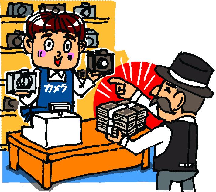 アクセサリー類やカメラバッグなどは、移動時の荷物を減らすため現地調達も一つの手。もちろん、潤沢な資金力と、即座に機材を使いこなせるなら、「カメラもレンズも現地調達・撮りおろしの旅」でもいいかもしれない(イラスト/やまもと妹子)