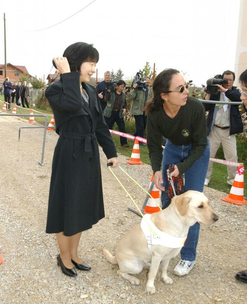 クロアチアを公式訪問していた紀宮さまは、盲導犬の訓練施設で、アイマスクをつけて盲導犬と障害物を避けながら歩いた／２００２年１０月１５日、ザグレブ市内で　（ｃ）朝日新聞社