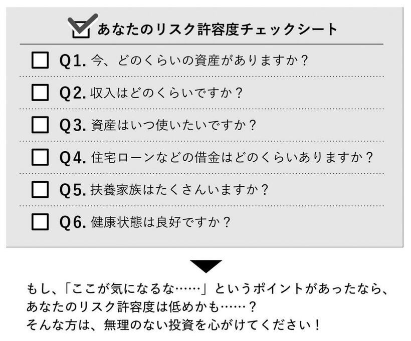 パックン式「リスク許容度」のチェックリスト（『パックン式　お金の育て方』より）パトリック・ハーラン著『賢く貯めて手堅く増やす パックン式 お金の育て方』※Amazonで本の詳細を見る