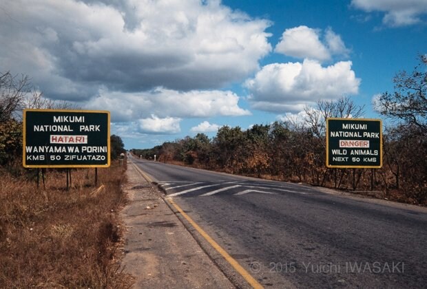 ミクミ国立公園入口付近。看板には「危険　これより先50kmの区間、野生動物あり」との表記。　ミクミ国立公園・タンザニア　2002年／Mikumi National Park,Tanzania 2002　（C）岩崎有一
