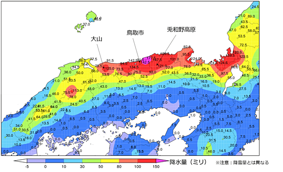 図1　2017年2月9日21時～12日24時までのアメダス期間降水量（大阪管区気象台資料より）