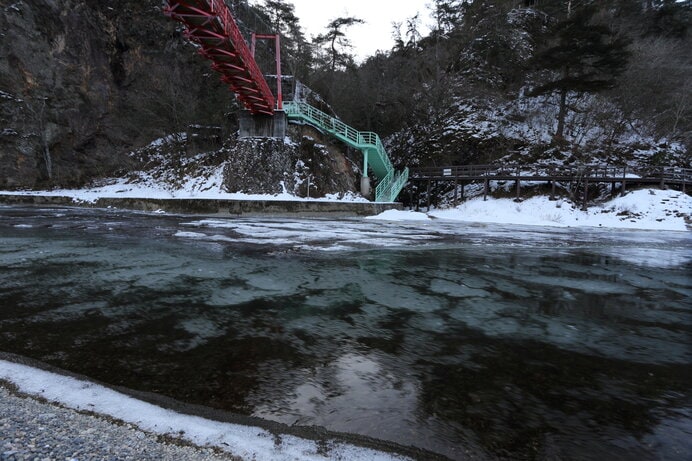 久慈川を流れる氷花(しが)