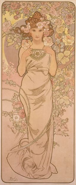 四つの花「バラ」／アール・ヌーヴォー全盛期、ミュシャが好んで描いたのは、花や女性。幾何学的な装飾文様や精緻な植物の絵を組み合わせた構図は「ミュシャ様式」と呼ばれるほど