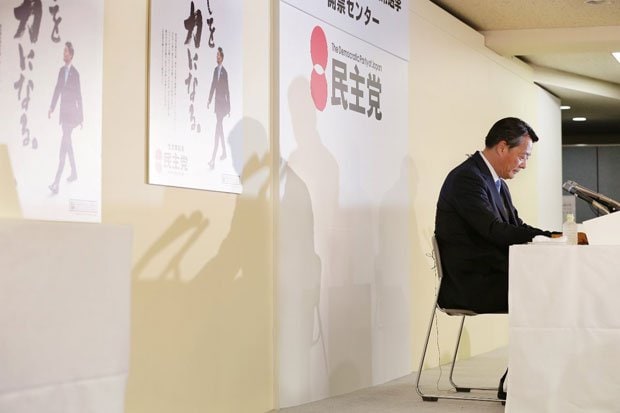 結党以来守ってきた東京選挙区で議席を失うなど、結果は惨敗。海江田万里代表の背後の壁には当選者の名前が書かれたプレートが並ぶ予定だった（撮影／写真部・松永卓也）
