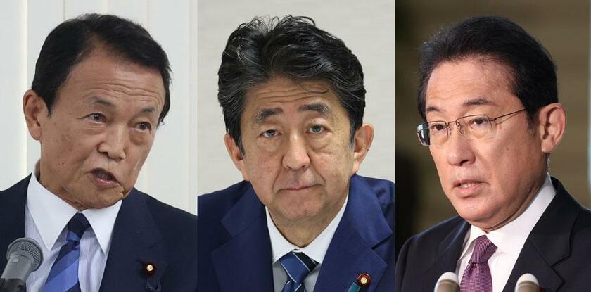 左から麻生太郎・自民党副総裁、清和会会長となった安倍晋三氏、岸田文雄首相
