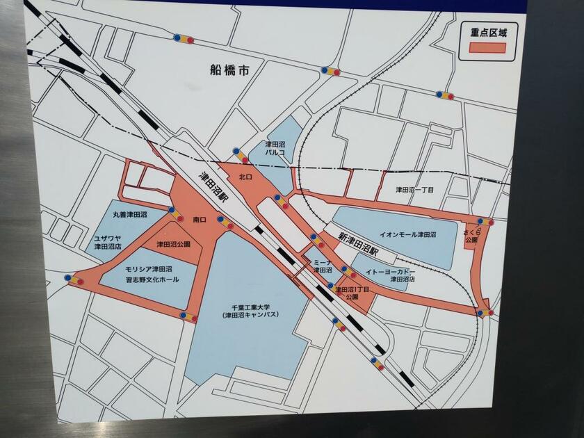 JR津田沼駅北口の駅前にある、両市の境を示した図
