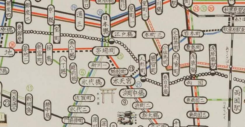 昭和４０年３月の路線図。水天宮界隈（資料提供／東京都交通局）