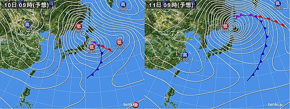 １０日（火）と１１日（水）　午前９時の予想天気図