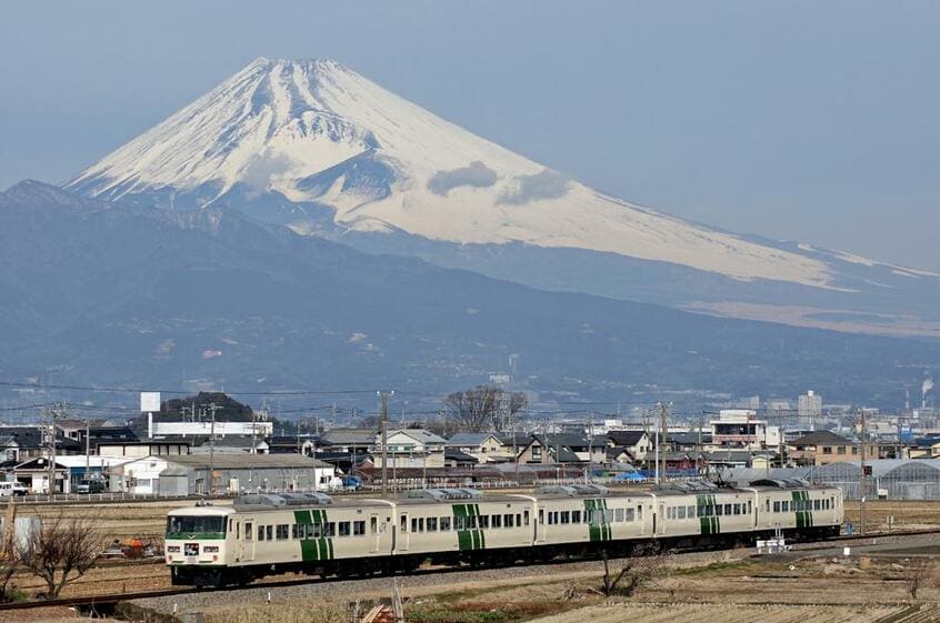 伊豆箱根鉄道駿豆線を5両編成で走る185系「踊り子」。特急料金なしで乗車できる(写真/Photo Library)