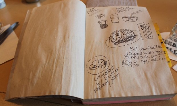 宿泊施設で外国人客に書いてもらったという朝食の絵。それぞれの国のカラーが現れている