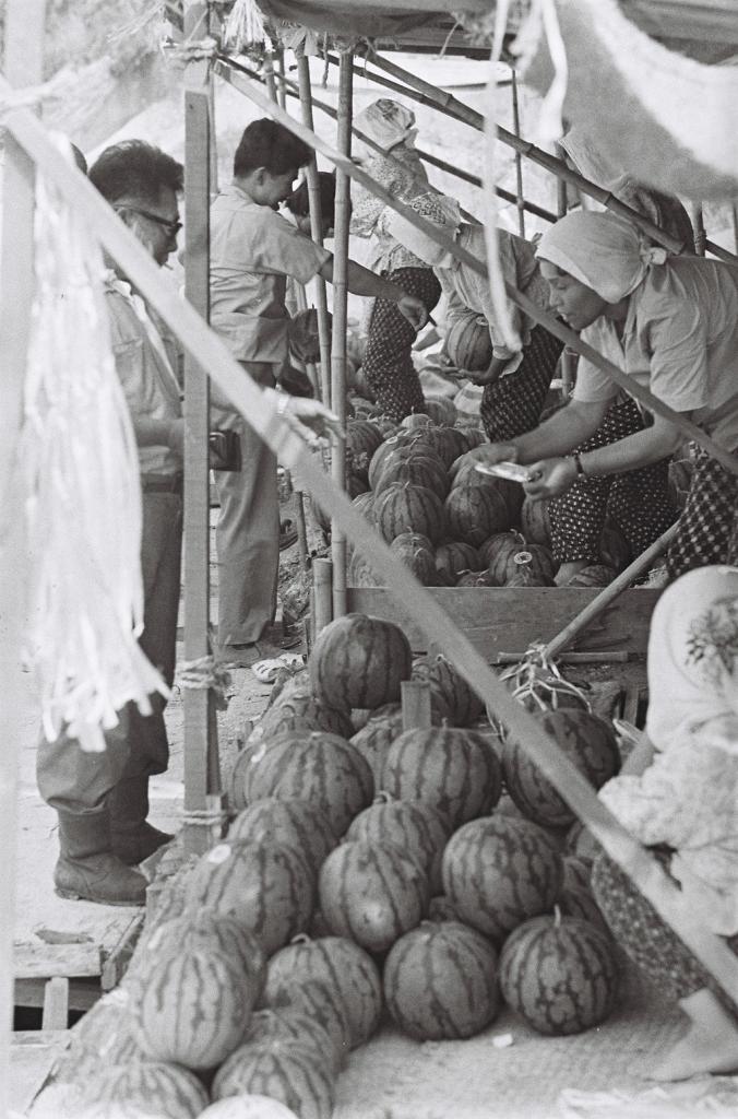 1970（昭和45）年、愛知県三好町（現・みよし市）の道路わきで店開きした「すいか茶屋」。当時、収穫時期になると路上に軒を連ねた