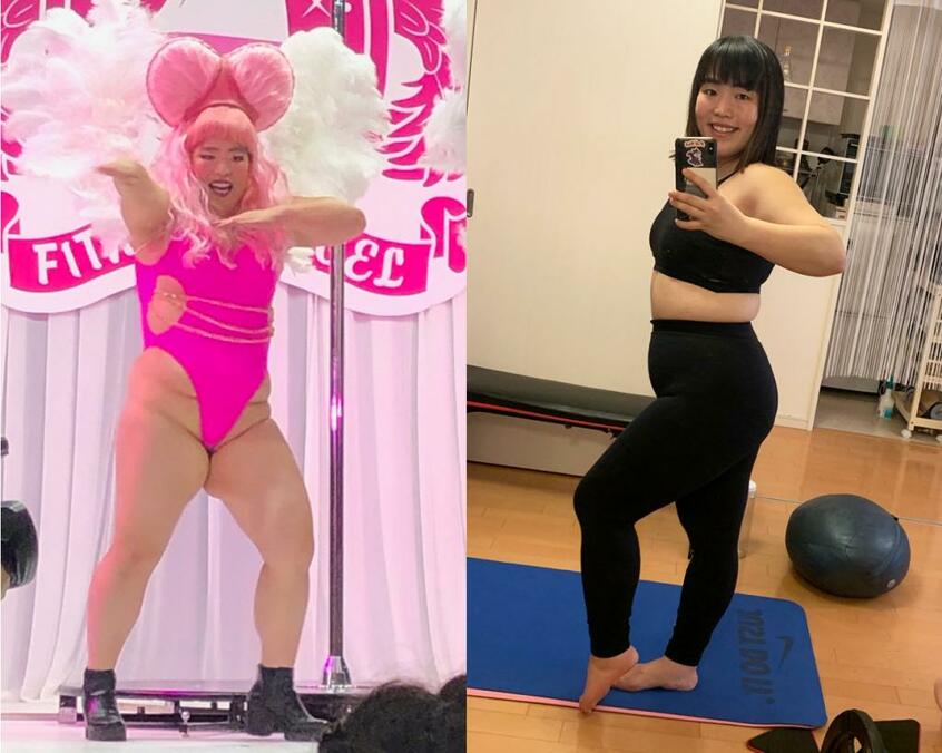 【BEFORE 90キログラム(左)】昨年7月、岡部友さん主催のイベントでポールダンスを披露したころは約90キロ(撮影・吉川明子)/【AFTER 78キログラム】78キロになった現在のゆりやんさん。自宅トレに励む(ゆりやんさん提供)
