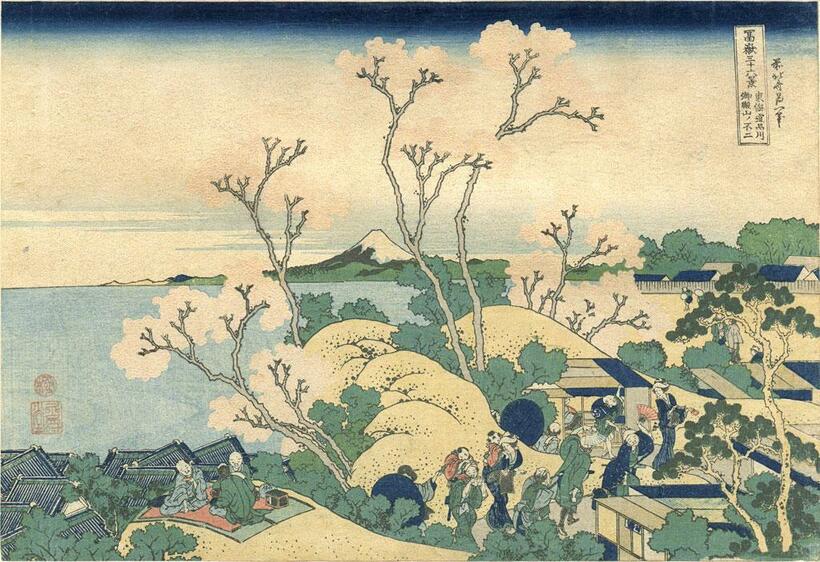 桜の花びらが浮かび上がる「東海道品川御殿山ノ不二」／作品を拡大すると中央の桜の花びら一枚一枚の盛り上がりがよくわかる。摺り師が和紙の裏側から盛り上げる「キメ出し」技術だ。湖面には木目が使われるため、版木も吟味されたことがわかる（写真：アルステクネ・イノベーション提供）