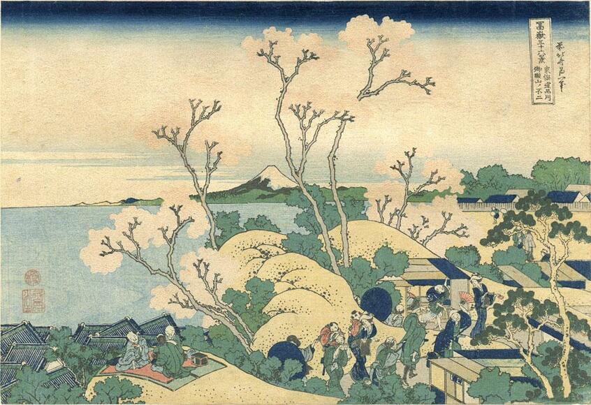 桜の花びらが浮かび上がる「東海道品川御殿山ノ不二」/作品を拡大すると中央の桜の花びら一枚一枚の盛り上がりがよくわかる。摺り師が和紙の裏側から盛り上げる「キメ出し」技術だ。湖面には木目が使われるため、版木も吟味されたことがわかる(写真:アルステクネ・イノベーション提供)