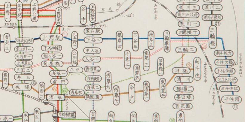 昭和４２年６月の路線図。千住大橋界隈（資料提供／東京都交通局）