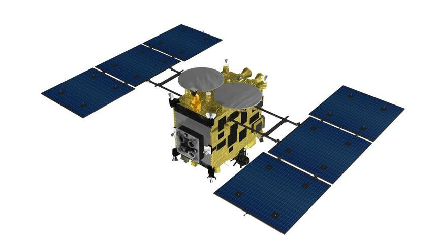 小惑星探査機　はやぶさ2／重さ約609キロ／＜主な搭載機器＞サンプリング機構、地球帰還カプセル、光学カメラ、レーザー測距計、科学観測機器（近赤外、中間赤外）、衝突装置、小型探査ロボット（JAXA提供）