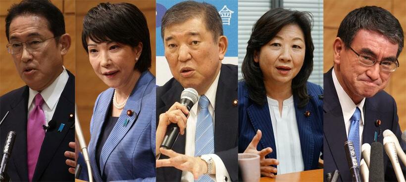 岸田氏、河野氏、高市氏が総裁選に立候補を表明。野田氏は立候補を模索。不出馬を決めた石破氏の動きが鍵になると見られている　（ｃ）朝日新聞社