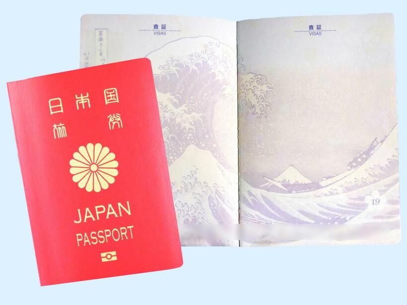 新しいパスポートの表紙と「神奈川沖浪裏」（写真提供／=HAPPY ALOHA）