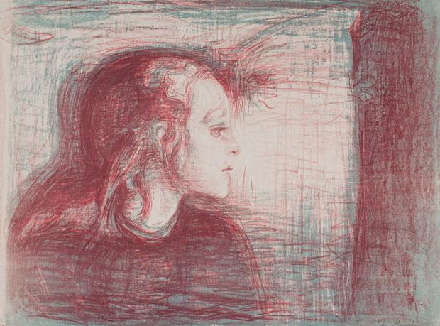 【病める子Ｉ】１８９６年　リトグラフ／「病める子」は１８８６年に第１作が描かれた連作。１５歳の姉ソフィエを結核で亡くした経験がきっかけだったとされる　（ｃ）Ｍｕｎｃｈｍｕｓｅｅｔ