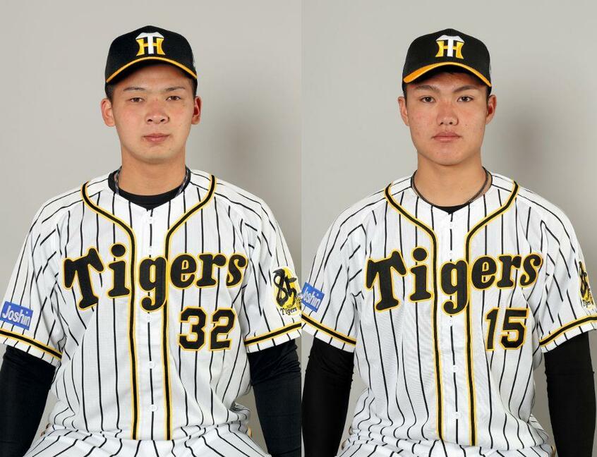 阪神の将来を担う井上広大(左)と西純矢(右) (c)朝日新聞社