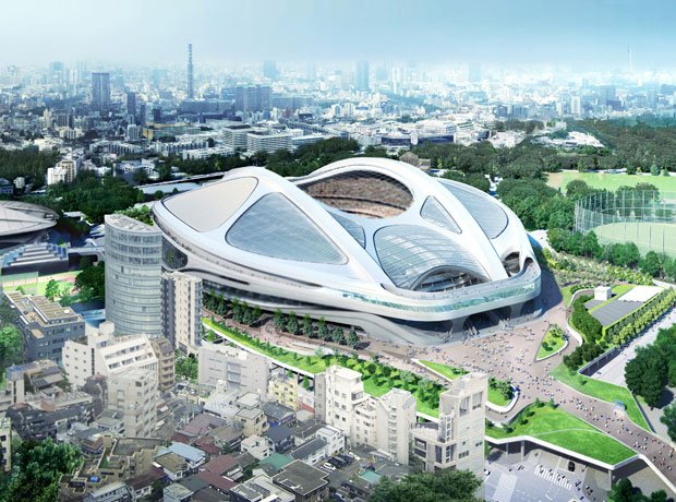 ザハ・ハディドのデザインを元に作られた新国立競技場の実施設計のイメージ図。白紙になったが、どこまで生かされるのか（写真：日本スポーツ振興センター提供）
