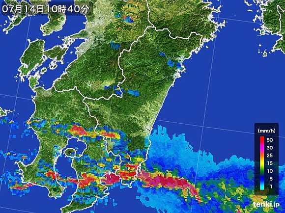 九州南部　雨雲の実況（14日午前１０時40分）